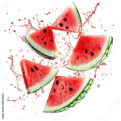 Fresh watermelon slices with splashes of juice, isolated on a white background.