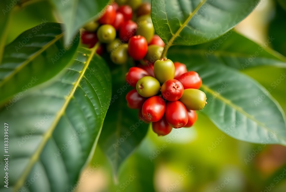 Close Up of coffee beans and coffee trees in the coffee garden Close Up of coffee beans and coffee trees in the coffee garden