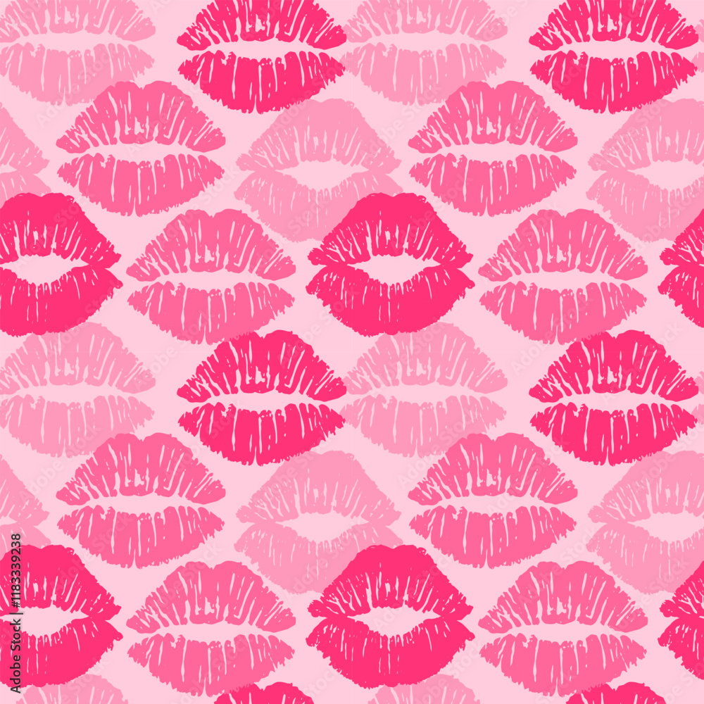 Female different colors lipstick kiss isolated on pink background. Vector seamless pattern. Girly camouflage. Female different colors lipstick kiss isolated on pink background. Vector seamless pattern. Girly camouflage.