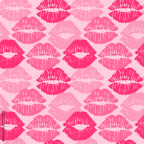 Female different colors lipstick kiss isolated on pink background. Vector seamless pattern. Girly camouflage.