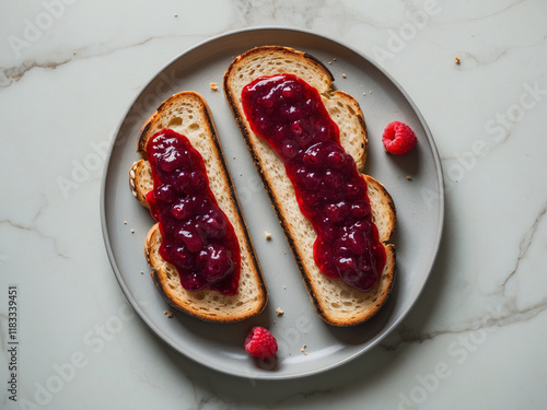 Two slices of toasted bread topped with raspberry jam, served on a grey plate, surrounded by fresh raspberries, perfect for themes related to breakfast, food styling, and healthy eating. photo