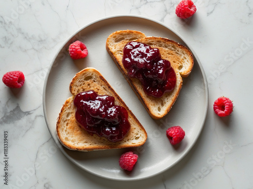 Two slices of toasted bread topped with raspberry jam, served on a grey plate, surrounded by fresh raspberries, perfect for themes related to breakfast, food styling, and healthy eating. photo