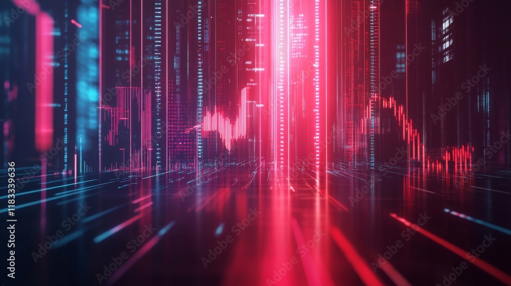 A futuristic digital landscape with vibrant red and blue light streams, resembling data visualizations and technological interfaces. A futuristic digital landscape with vibrant red and blue light streams, resembling data visualizations and technological interfaces.