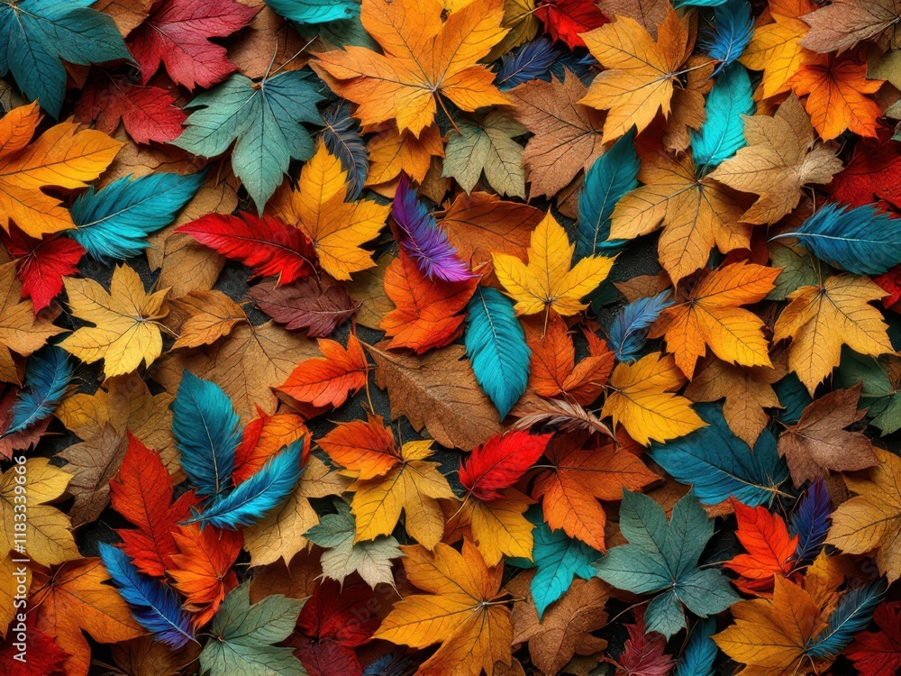 Fototapeta premium Colorful autumn leaves in vibrant array of reds, oranges, blues, and browns