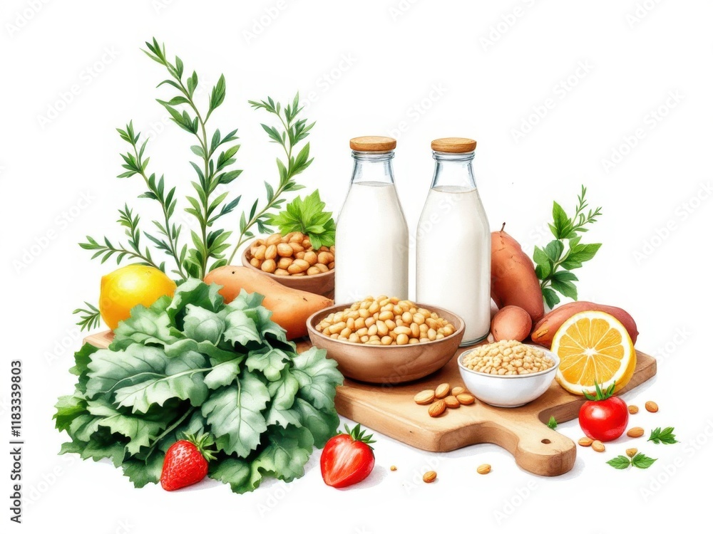 Diverse plant-based ingredients and milk with fresh vegetables and fruits Diverse plant-based ingredients and milk with fresh vegetables and fruits