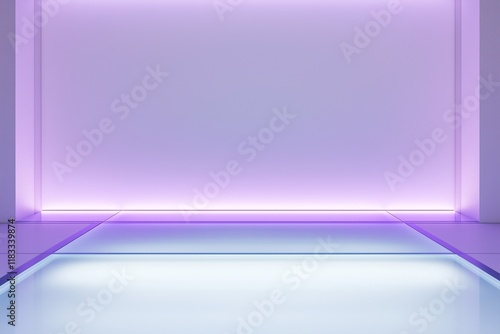 Lavender-spotlit colonial minimalist interior, blank wall, frosted glass floor, glowing edge highlights, clean design.
