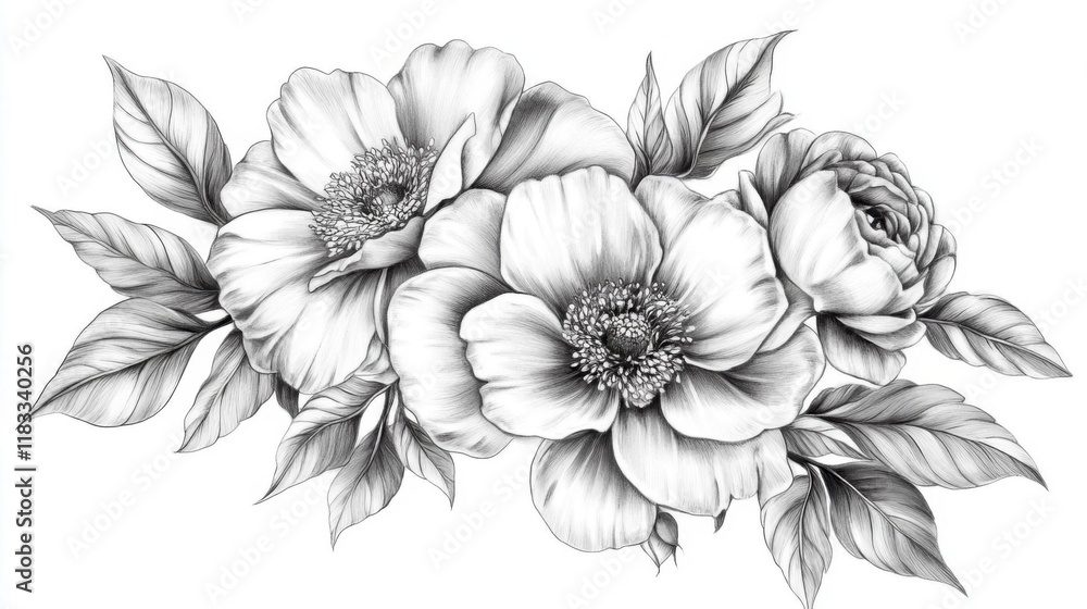 Flowers Bloom Beautifully with Leaves Pencil Sketch, Botanical Illustration and Nature Art Flowers Bloom Beautifully with Leaves Pencil Sketch, Botanical Illustration and Nature Art