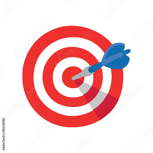 Direct hit vector flat icon. Darts board game. Arrow hitting in the target center of dartboard. Goal achieve or business success concept. Vector illustration.  