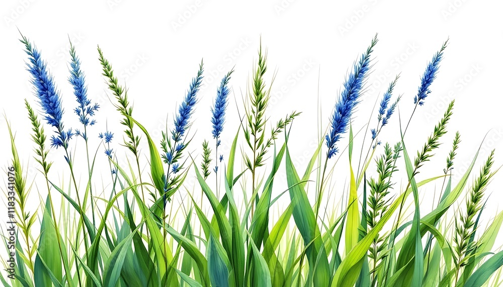 Vibrant Watercolor Meadow: Blue Flowers and Green Grass Vibrant Watercolor Meadow: Blue Flowers and Green Grass