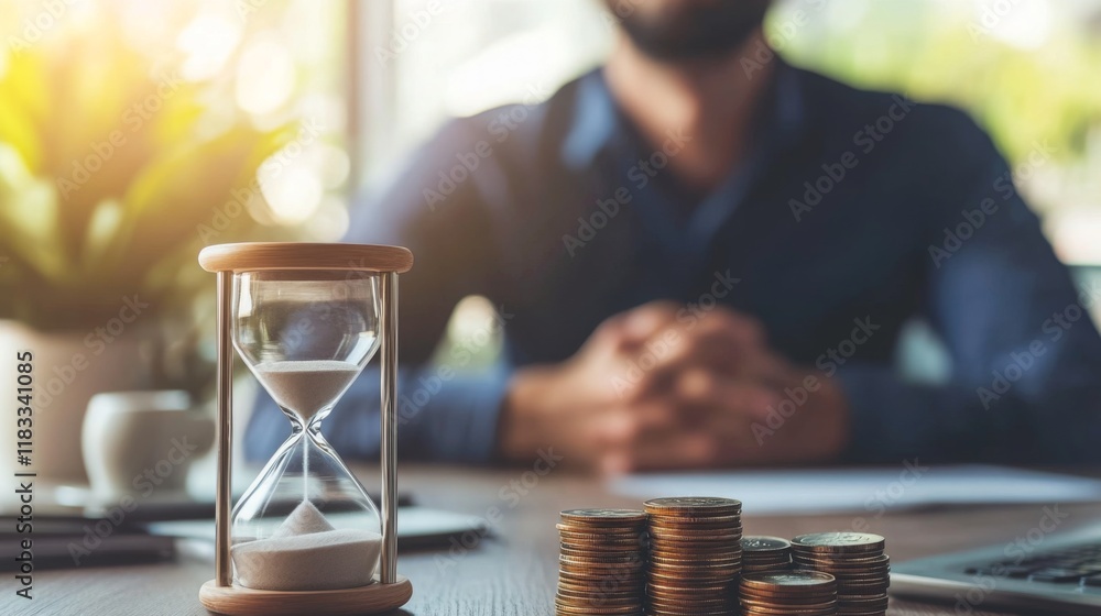 A businessman sits at a desk with an hourglass and coins, symbolizing time management and financial planning. A businessman sits at a desk with an hourglass and coins, symbolizing time management and financial planning.