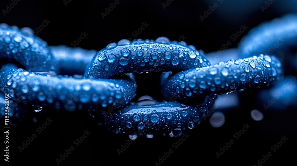 Blue Chain Links Covered In Water Droplets Blue Chain Links Covered In Water Droplets