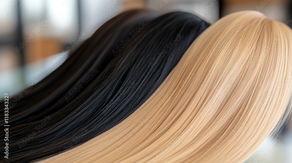 Fototapeta premium Ombre extensions, black fading to golden blonde, artistically draped over a glass table