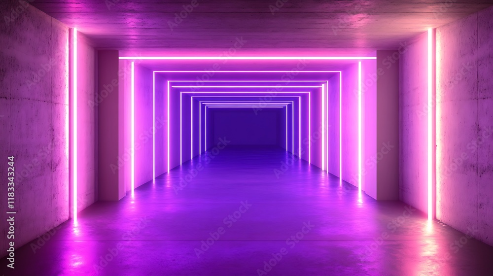 Neon Lights Illuminate Concrete Corridor Pathway Neon Lights Illuminate Concrete Corridor Pathway