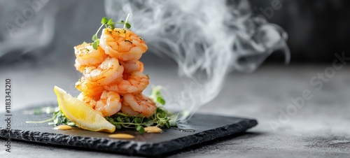Grilled tiger shrimps served with herbs, greens and lime, peeled fried prawn, premium seafood, keto menu, commercial banner with copy space, AI gen image