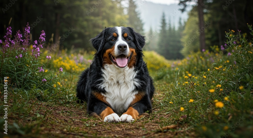 Bernese Mountain dog Sitting in the Middle of a Field of Flowers With Its Tongue Out. Bernese Mountain dog Sitting in the Middle of a Field of Flowers With Its Tongue Out.
