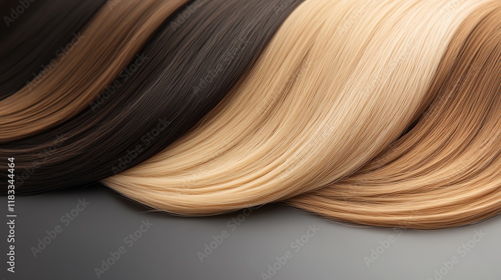 Fototapeta premium Ombre hair extensions, dark brown fading to golden blonde, arranged in a wavelike design
