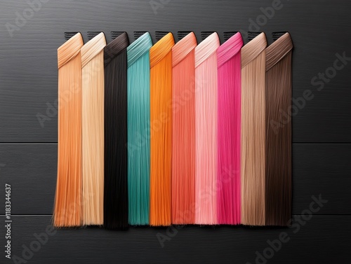 Wallpaper Mural Rainbow clipin extensions, artistically arranged in an arc pattern on a smooth black counter Torontodigital.ca