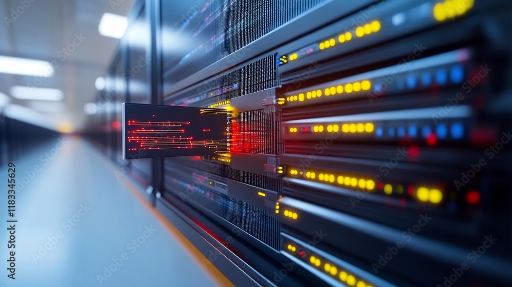 Close-Up Photo: Data Streaming Rapidly Through Modern Server Rack in Tech Center. AI Generated Close-Up Photo: Data Streaming Rapidly Through Modern Server Rack in Tech Center. AI Generated