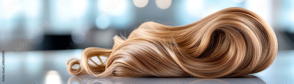 Fototapeta premium Realistic textured curly extensions, chocolate brown, coiled neatly on a reflective counter