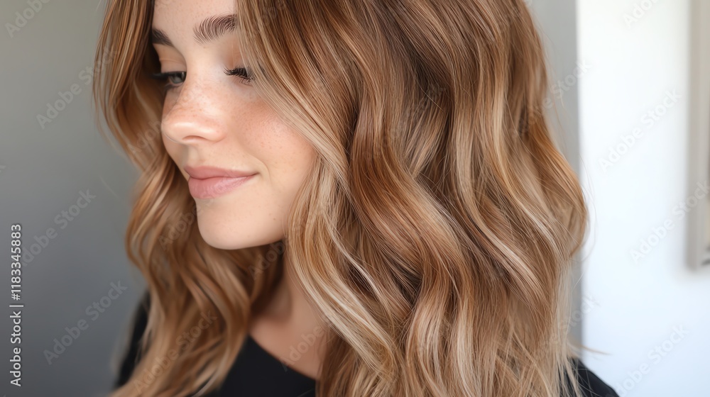 Fototapeta premium Realistic textured extensions, warm auburn tones, placed on a polished reflective counter