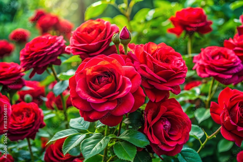 Panoramic View of a Lush Red Rose Bouquet Plant in Full Bloom Panoramic View of a Lush Red Rose Bouquet Plant in Full Bloom