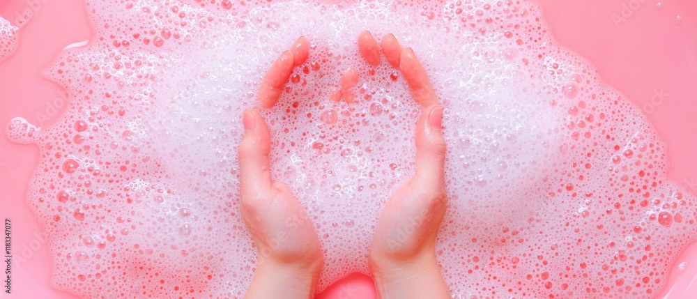 Fototapeta premium Creating heart shapes with bubbles bathroom photography soft pink background close-up shot love concept