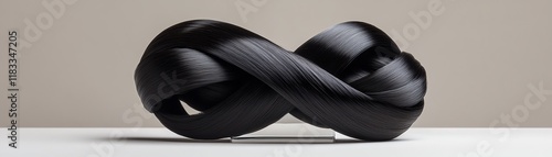 Straight natural black extensions, coiled into elegant spirals, displayed on a reflective glass base