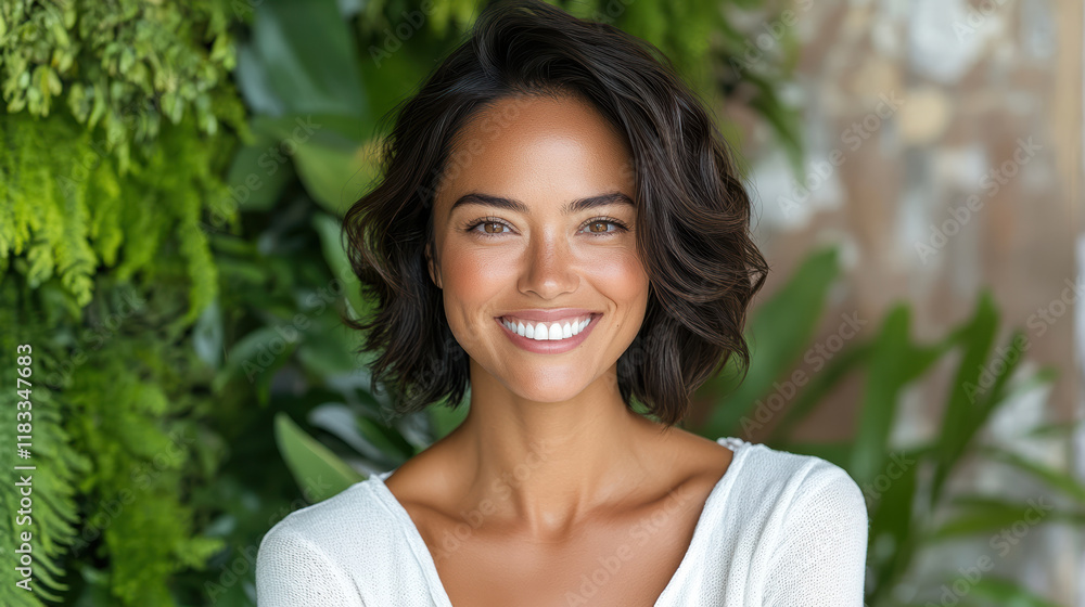 Cheerful Asian woman smiling in lush green environment, exuding joy Cheerful Asian woman smiling in lush green environment, exuding joy