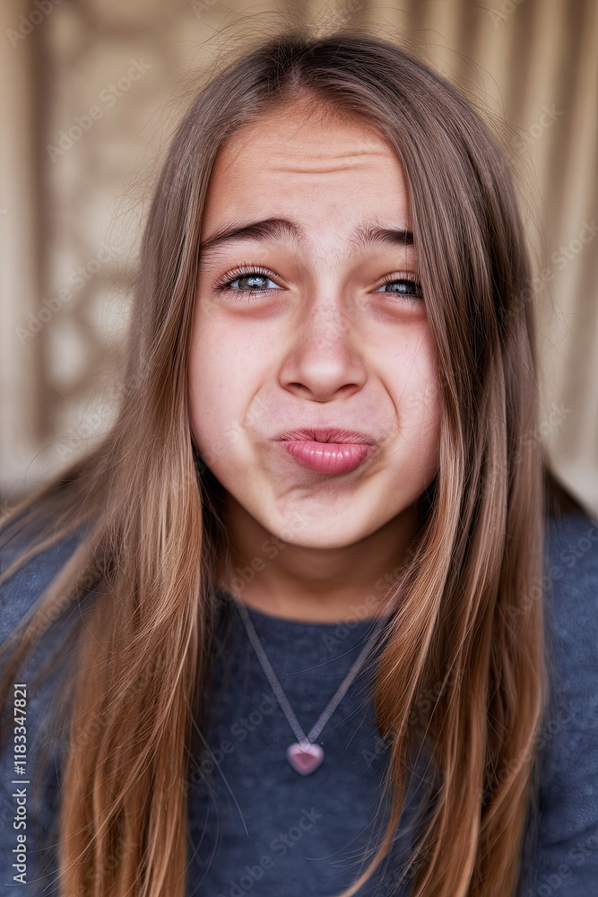 Teenager pouting with lips slightly protruded in a playful expression Teenager pouting with lips slightly protruded in a playful expression