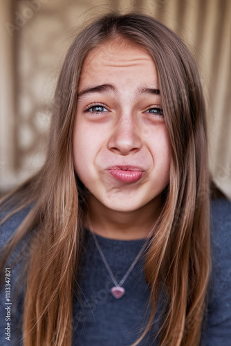 Teenager pouting with lips slightly protruded in a playful expression photo