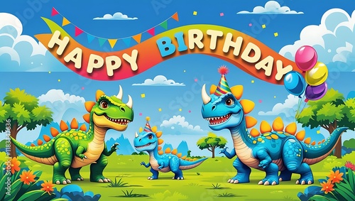 Fototapeta Naklejka Na Ścianę i Meble -  Happy Birthday Dinosaur Family Celebrates Together