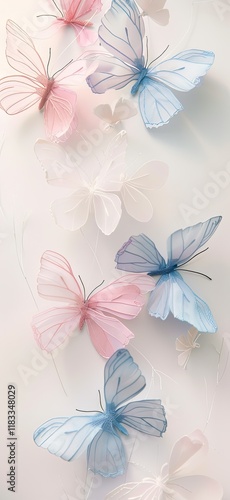 3D embroidered neatly and pretty pastel pink, white & blue color butterflies in the center of picture with clear background surrounded
