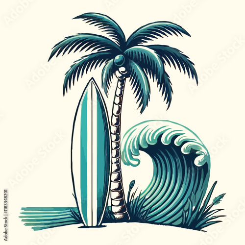 Retro Vintage coconut Tree with Surfboard and Waves Vector Illustration for summer or tropical designs