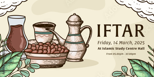 hand drawn ramadan iftar horizontal banner illustration