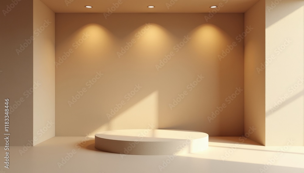 A textured beige interior in 3D featuring a rectangular podium and warm track lighting. A textured beige interior in 3D featuring a rectangular podium and warm track lighting.