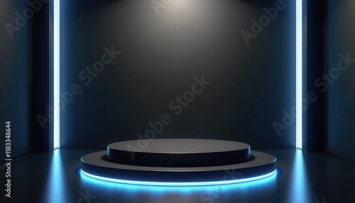 A glossy black interior with a raised podium and soft blue underlighting for a sleek 3D design. photo