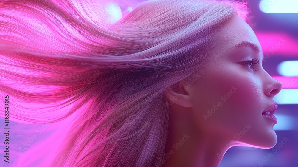 Synthetic hair extensions in bold magenta, floating midair in a futuristic geometric setting Synthetic hair extensions in bold magenta, floating midair in a futuristic geometric setting