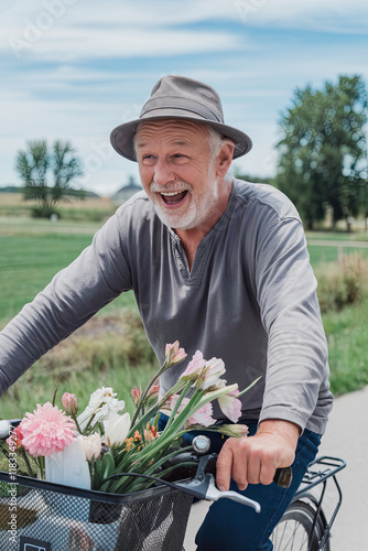 A grandpa riding a bicycle with a basket full of flowers, waving joyfully photo