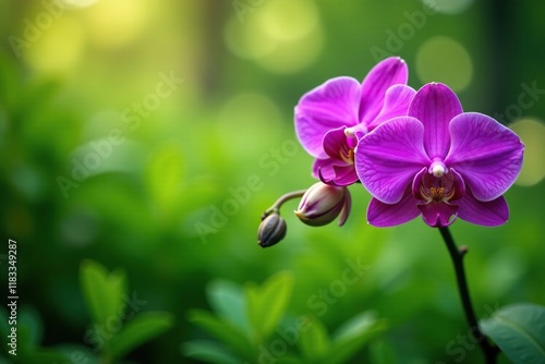 Exotic purple orchid blooms in lush green garden, plants, dendrobium photo