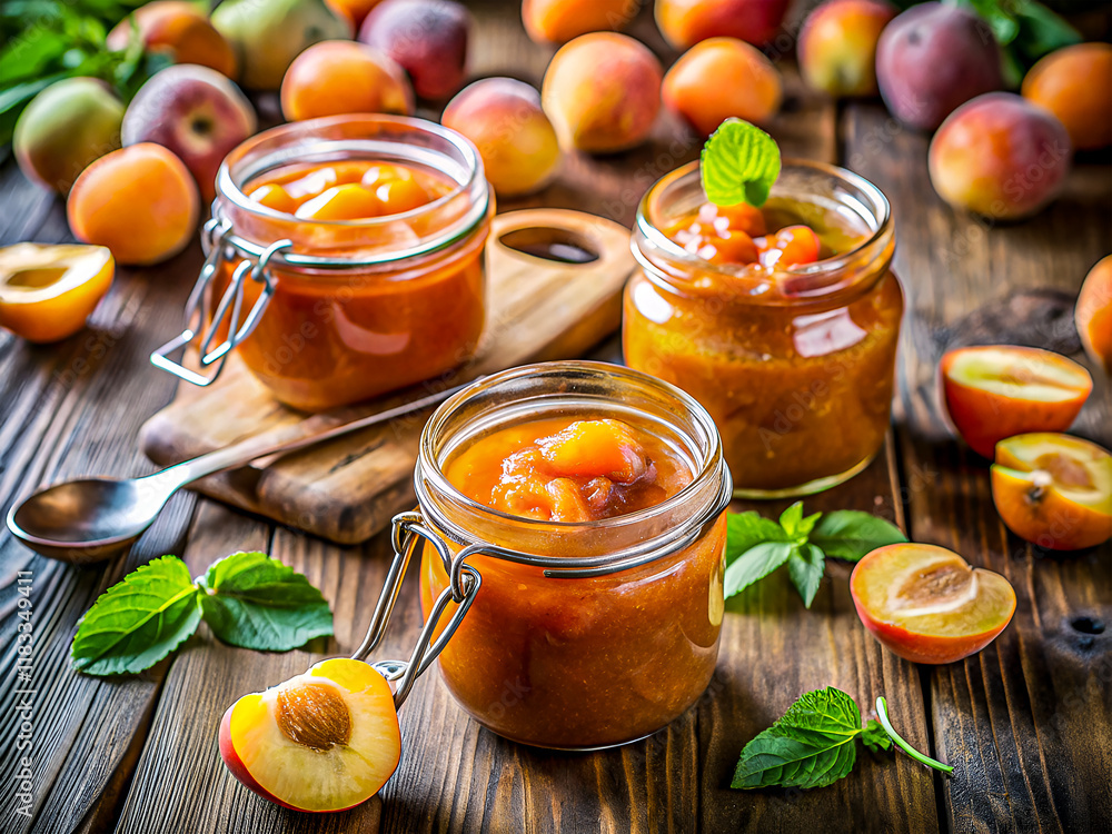 Tasty homemade apricot jam on a wooden table. Delicious Food background Tasty homemade apricot jam on a wooden table. Delicious Food background