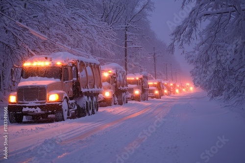 A line of utility trucks parked along a snow-covered road as workers prepare to restore power during, Generative AI 