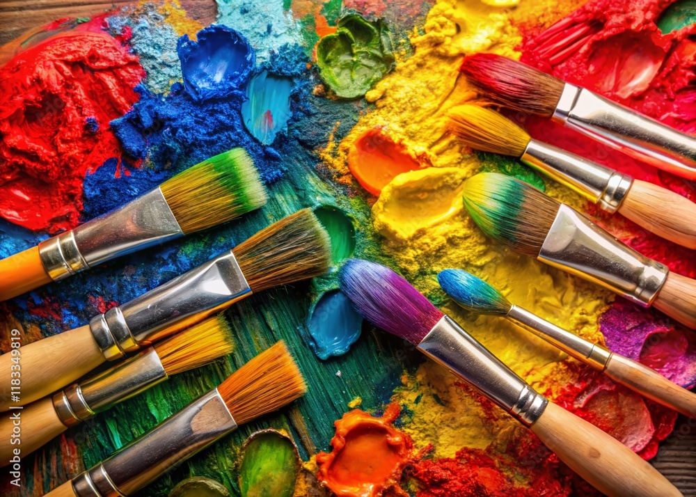 Fototapeta premium Panoramic View of Colorful Paint Brushes and Palette with Red, Yellow, Blue, and Green Paints