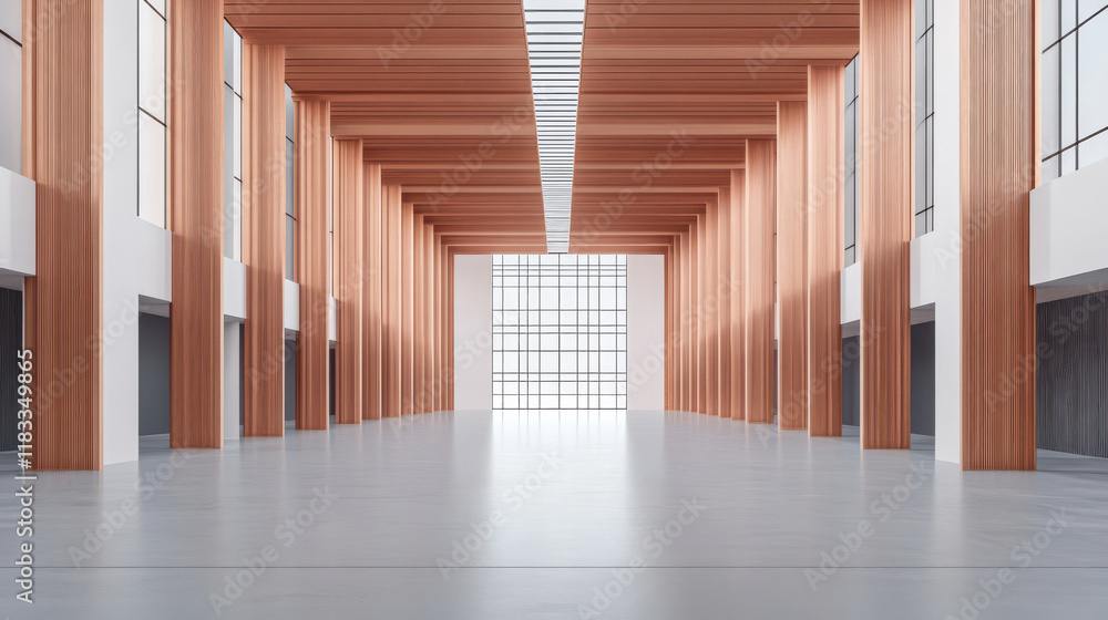 Fototapeta premium Modern interior with wooden columns and expansive windows in a minimalist design setting