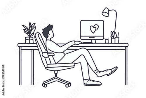 Vector Art of Modern Workspaces Man business working at his desk with a laptop and surrounded by office decor vector design  Art & Illustration