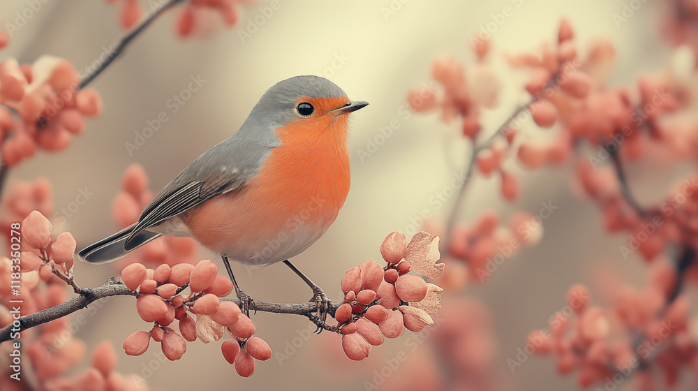 Fototapeta premium Robin perched on spring blossoms branch, natural harmony concept