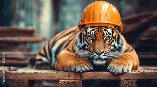 Tiger in Hard Hat on Wood