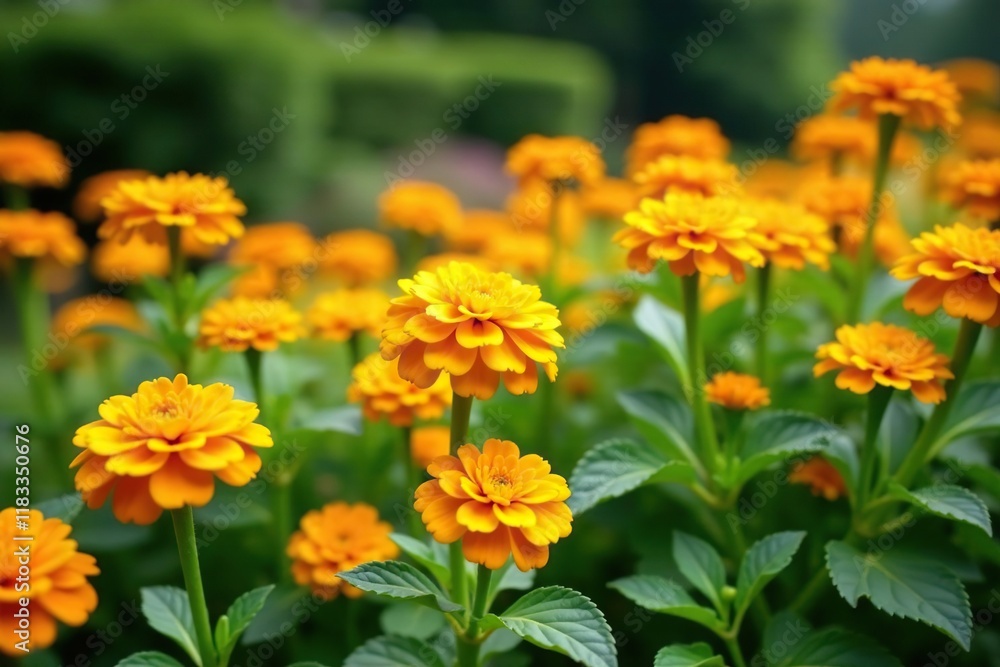 Garden bed filled with calendula flowers in full bloom, greenery, plants, flowerbed Garden bed filled with calendula flowers in full bloom, greenery, plants, flowerbed
