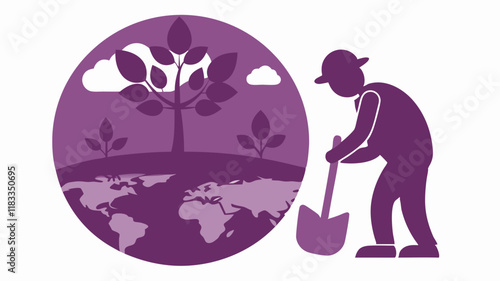 Silhouette of a person planting a tree in purple tones
