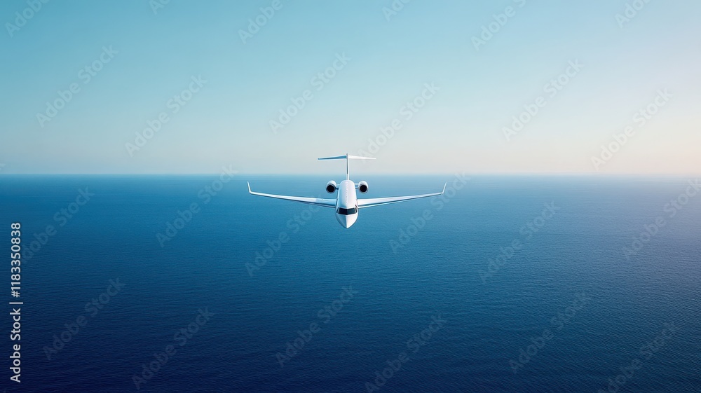 Naklejka premium Sleek and opulent white private jet soars gracefully over tranquil blue skies, embodying luxury in flight.