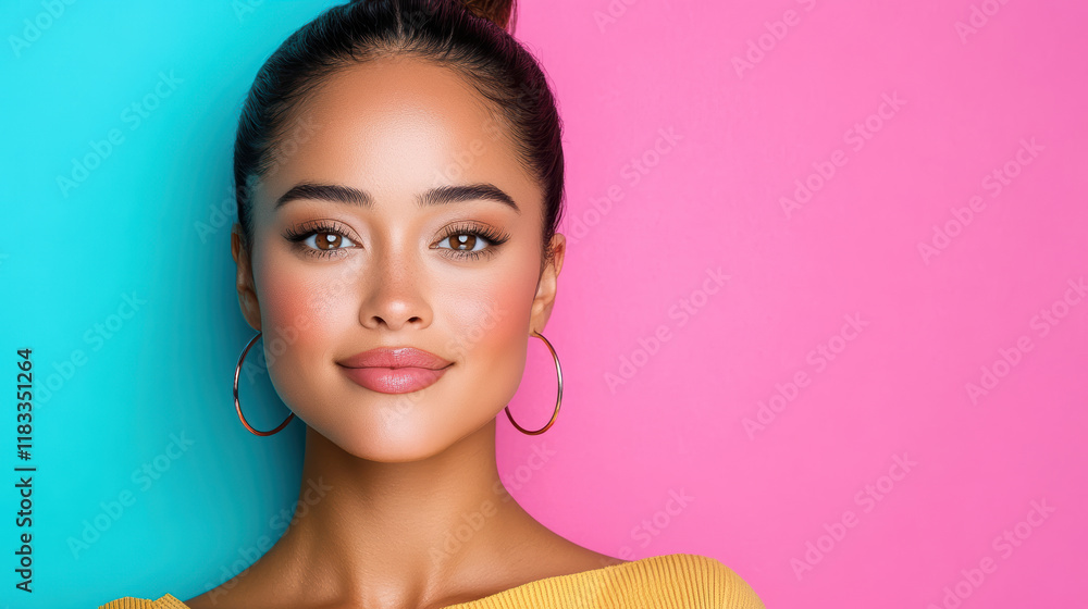 vibrant Asian woman with joyful expression against colorful background vibrant Asian woman with joyful expression against colorful background